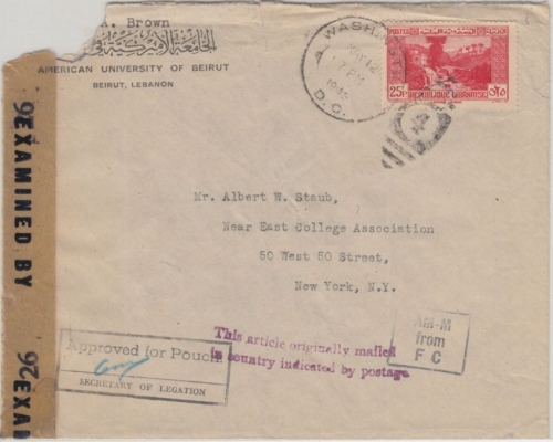 Libanon - Diplomatic Mail Beirut Washington - New York 1945 Approved for pouch