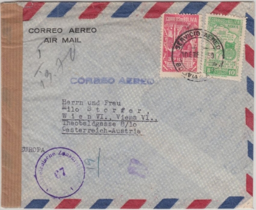 Bolivien - La Paz 1950 Luftpostbrief n. ÖSTERREICH (Wien) - österr. Zensur