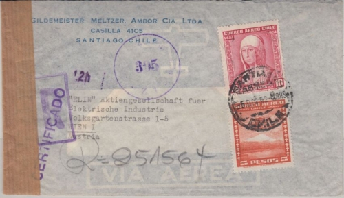 Chile - Santiago de Chile 1952 Luftpost Einschreibebrief n. ÖSTERREICH - Zensur