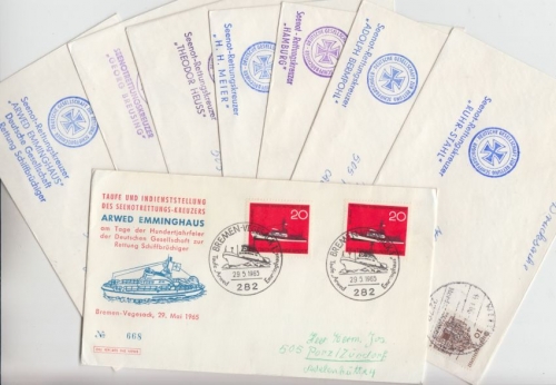 BRD - Seenotrettung 7 Briefe/Cachets Rettungskreuzer + Schmuck-FDC 100 J. DGRS
