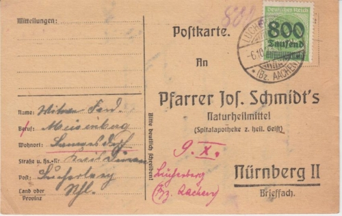 DR-Infla - 800 Tsd. a. 400 M. Ziffer Karte Lucherberg - Nürnberg 6.10.23