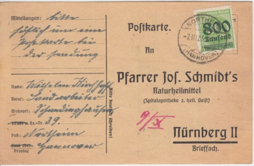 DR-Infla - 800 Tsd. a. 1.000 M. Ziffer Karte Northeim - Nürnberg 7.10.23