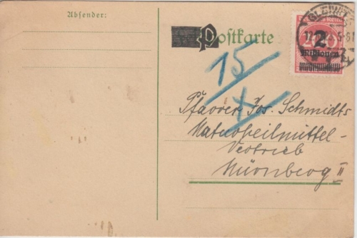 DR-Infla - 2 Mio. a. 200 M. Ziffer Karte Gleiwitz - Nürnberg 12.10.23