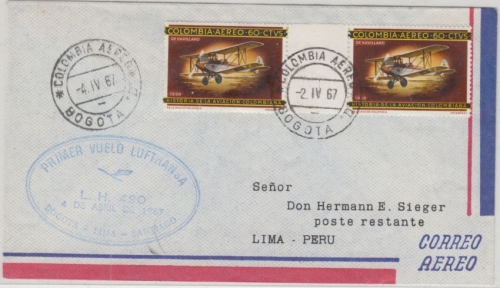 Colombia - Lufthansa 1st-Flug Etappe Bogota Lima 1967 60 Ctv Zwischenstegpaar