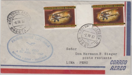 Colombia - Lufthansa 1st-Flug Etappe Bogota Lima 2.4.67 60 Ctv Zwischenstegpaar