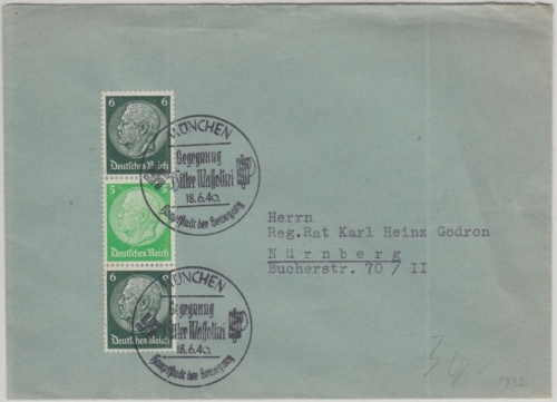 DR - 5/5/6 Pfg. Hindenburg Zusammendruck brief SST München - Nürnberg 1940