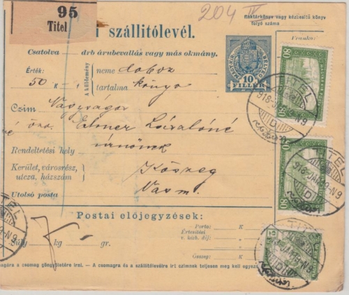 Ungarn/Serbien- 10 F. Paketkarte Ganzsache+Zusatz Titel - Köszeg 1918