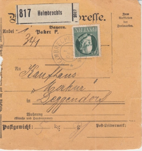 Bayern - 60 Pfg. Ludwig Paketkarte Helmbrechts - Deggendorf 1917