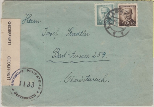CSSR - Vildstejn 1945 Notstempel Zensurbrief n. ÖSTERREICH Brit. Prüfstelle 1133