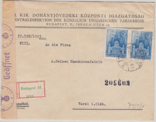 Ungarn - 2x50 F. Kirchen Einschreibebrief Budapest - Varel 1943 OKW-Zensur