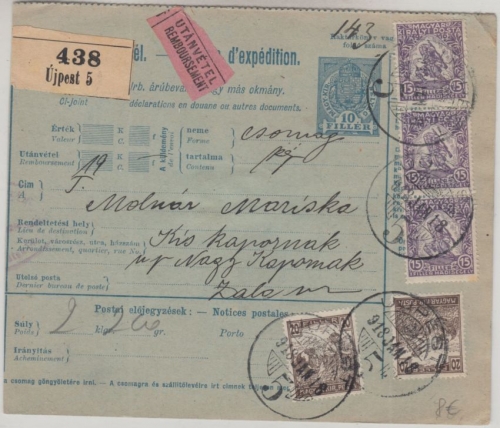 Ungarn - 10 F Ganzsache Nachnahme Paketkarte+Zusatz Ujpest Nagy Kapornak 18.1.18
