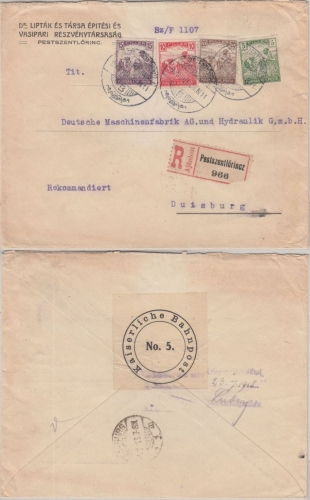 Ungarn - 20 F. Schnitter u.a. Einschreibebrief Pestszenlörinc - Duisburg 1918