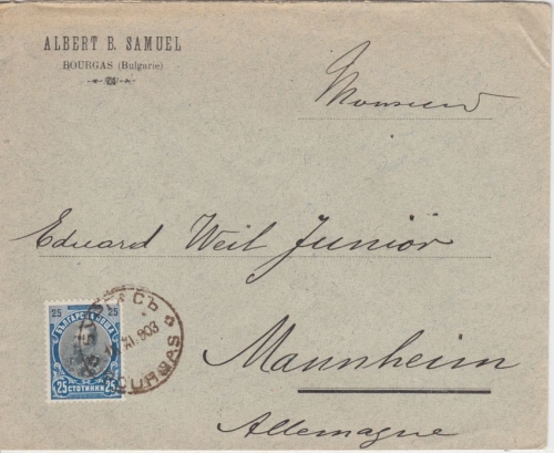 Bulgarien - 25 St. König Ferdinand brief Bourgas - Mannheim 1903