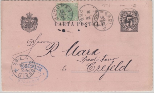 Rumänien - 5 B. Ganzsache + Zusatz Bukarest - Krefeld 1892