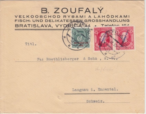 Slowakei - 2x1 K. Hlinka/Überdruck u.a. Brief i.d. SCHWEIZ Bratislava 19.4.39 n.