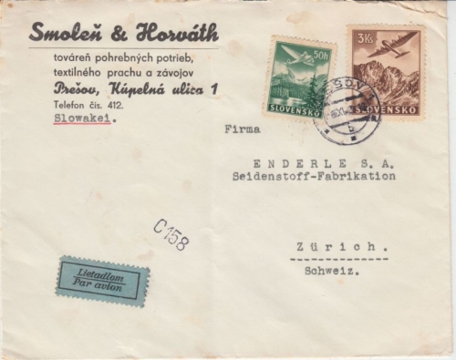 Slowakei - 3 Ks.+ 50H. Flugpost Luftpostbrief i.d. SCHWEIZ Presov - Zürich 1943