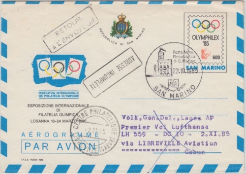 San Marino - 600 L. Qlympex '85 Ganzsache Aerogramme Zuleitung LH-1st-Flug 1985