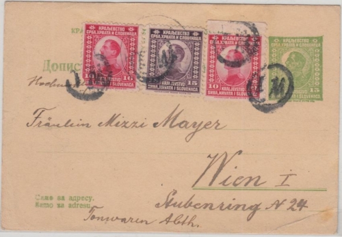 Jugoslawien - 15 Pa. Ganzsache+Zusatz n. ÖSTERREICH nachträglich entwertet Wien