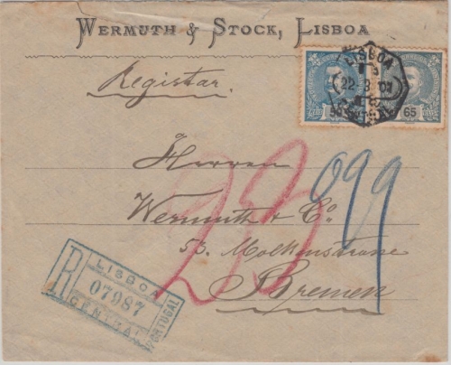 Portugal - 65+50 R. König Carlos Einschreibebrief Lissabon - Bremen 1901