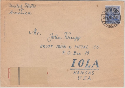 Berlin - Schwarzaufdruck 50 Pfg. Brief n. USA Steglitz - Iola 20.1.48
