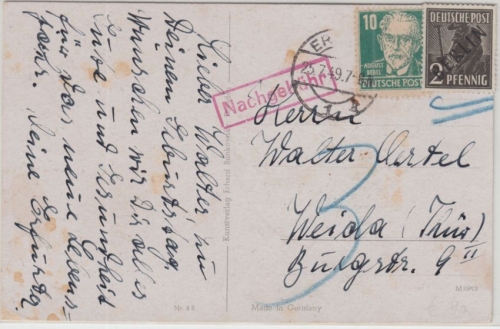 Berlin - Schwarzaufdruck 2 Pfg. MIF 10 Pfg. Bebel Karte Erfurt - Weida 1949