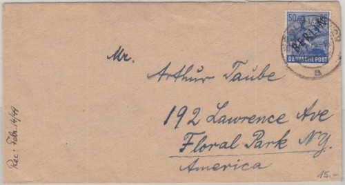 Berlin - Schwarzaufdruck 50 Pfg. Brief n. USA SW29 - Floral Park 1949