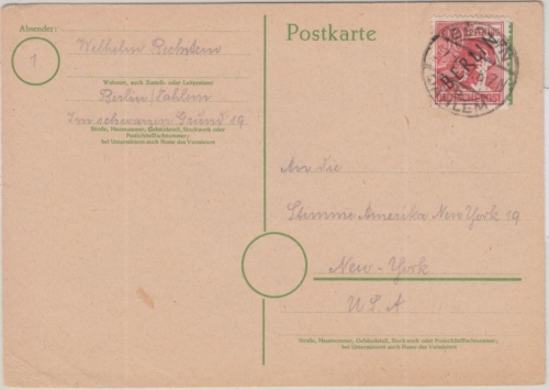 Berlin - Schwarzaufdruck 30 Pfg. Karte n. USA Dahlem - New York 27.1.49