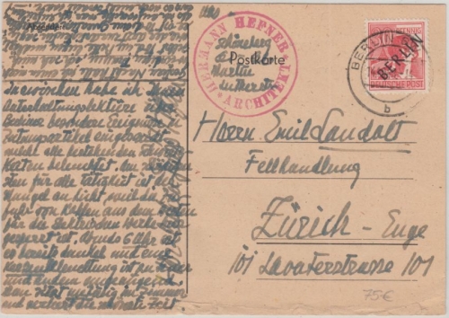 Berlin - Schwarzaufdruck 30 Pfg. Karte i.d. SCHWEIZ SW47 - Zürich 14.10.48