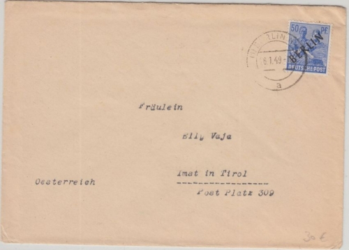 Berlin - Schwarzaufdruck 50 Pfg. Brief n. ÖSTERREICH 6.1.49