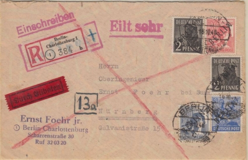 Berlin - Schwarzaufdruck 80 Pfg. u.a. Einschreiben Eilbrief n. Nürnberg 16.10.48