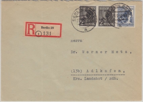 Berlin - Schwarzaufdruck 80+2x2 Pfg. Einschreibebrief SW29 - Adlkofen 20.9.48