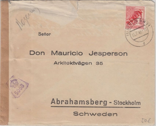 Berlin - Rotaufdruck 30 Pfg. Zensurbrief n. SCHWEDEN NW21 - Stockholm 11.7.49