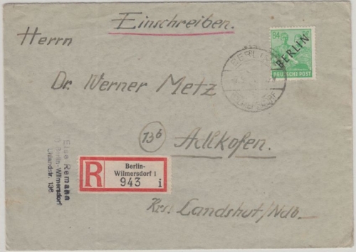Berlin - Schwarzaufdruck 84 Pfg. Einschreibebrief Wilmersdorf - Adlkofen 7.9.48