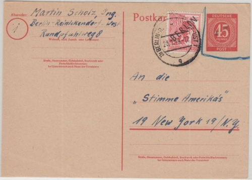 Berlin - Schwarzaufdruck 30 Pfg. Karte n. USA Reinickendorf - New York 23.1.49