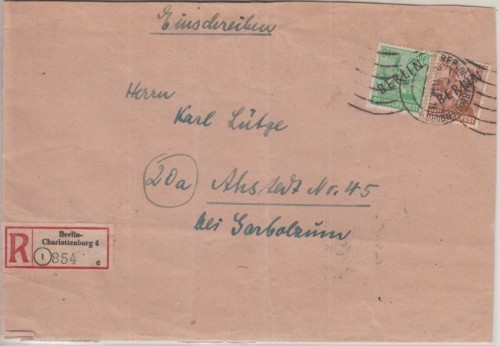 Berlin - Schwarzaufdruck 84+24 Pfg Einschreibebrief Charlottenburg 23.11.48 n.