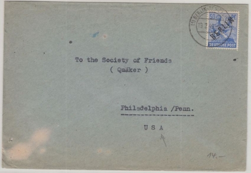 Berlin - Schwarzaufdruck 50 Pfg Brief n. USA Tempelhof - Philadelphia 19.2.1949