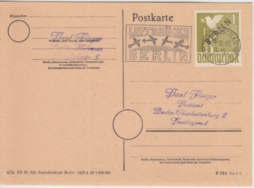 Berlin - Schwarzaufdruck 1 Mark Luftbrückenstempel Blankokarte 1948 FA Schlegel