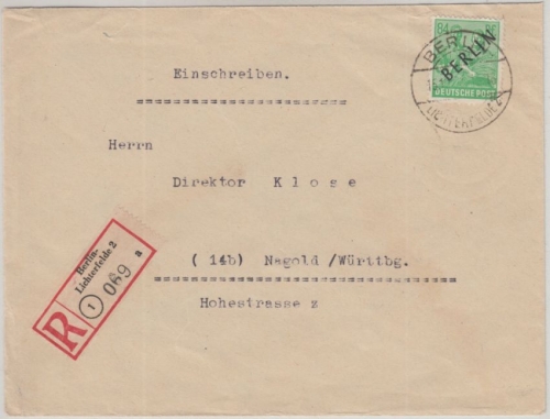 Berlin - Schwarzaufdruck 84 Pfg. Einschreibebrief Lichterfelde - Nagold 15.10.48