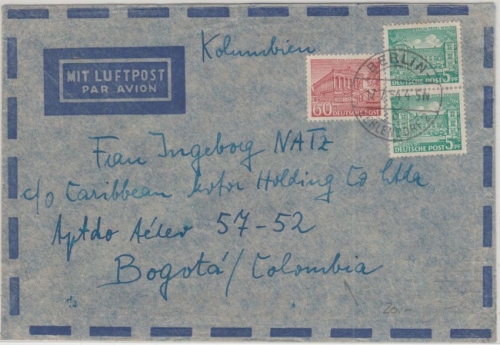 Berlin - 60+2x5 Pfg Bauten I Luftpostbrief n. KOLUMBIEN Zehlendorf - Bogota 1954