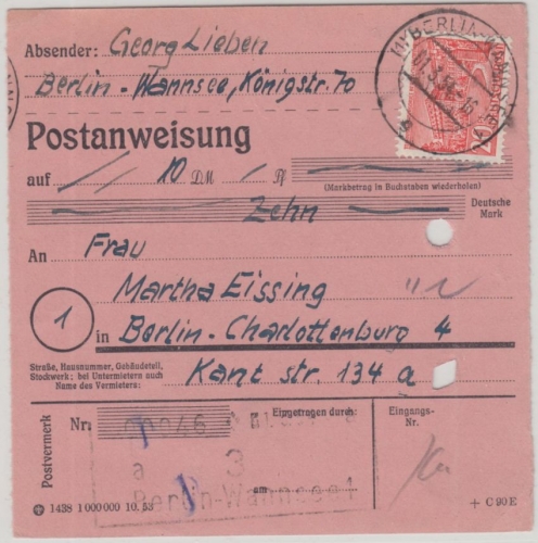 Berlin - 20 Pfg. Bauten I Ortspostanweisung Wannsee - Charlottenburg 1954