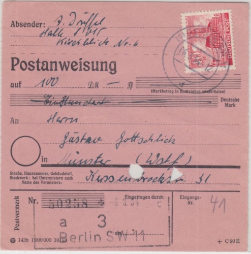 Berlin - 60 Pfg Bauten I Postanweisung SW11 - Münster 1954