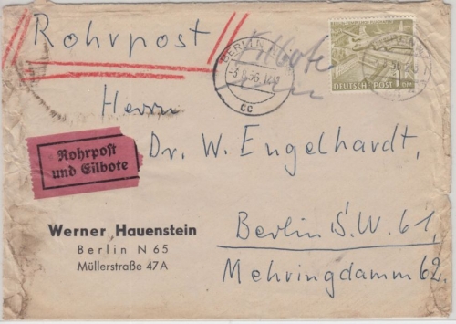 Berlin - 1 M. Bauten I Rohrpost Ortseilbrief 3.8.56