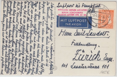 Berlin - 25 Pfg. Bauten I Luftpostkarte i.d. SCHWEIZ Teilgebühr !! SW47 1952
