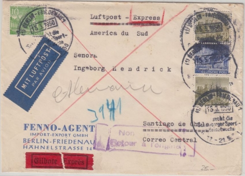 Berlin - 2x50+30+10 Pfg. Bauten I Luftpost Eilbrief n. CHILE Friedenau 1950