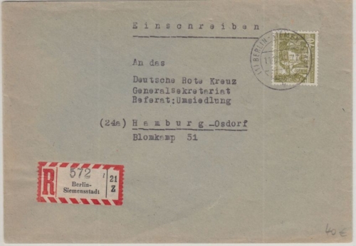 Berlin - 70 Pfg. Bauten III Einschreibebrief Siemensstadt - Hamburg 1958