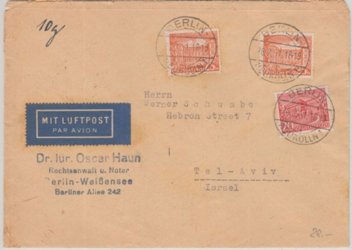 Berlin - 2x25+20 Pfg. bauten I Luftpostbrief n. ISRAEL Neukölln - Tel Aviv 1951