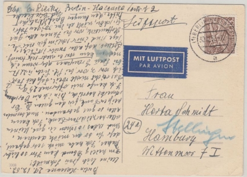 Berlin - 15 Pfg. Bauten I Luftpostkarte Halensee - Hamburg 1952