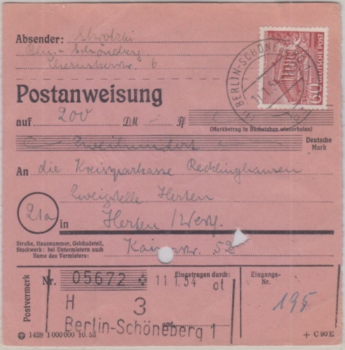 Berlin - 60 Pfg. Bauten I Postanweisung Schöneberg - Herten 1954