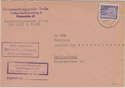 Berlin - 70 Pfg. Stadtbilder II Zustellurkunde Ortsbrief 1958
