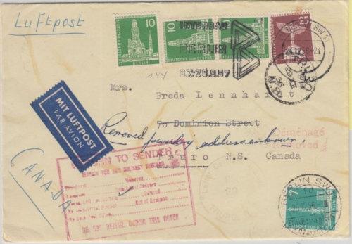 Berlin - 25 Pfg. u.a. Stadtbilder II Luftpostbrief n. CANADA SW11 - Truro 1956